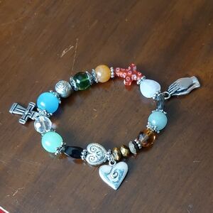Religious Charms Beaded Story Bracelet Tigers Eye Quartz Millefiore Glass